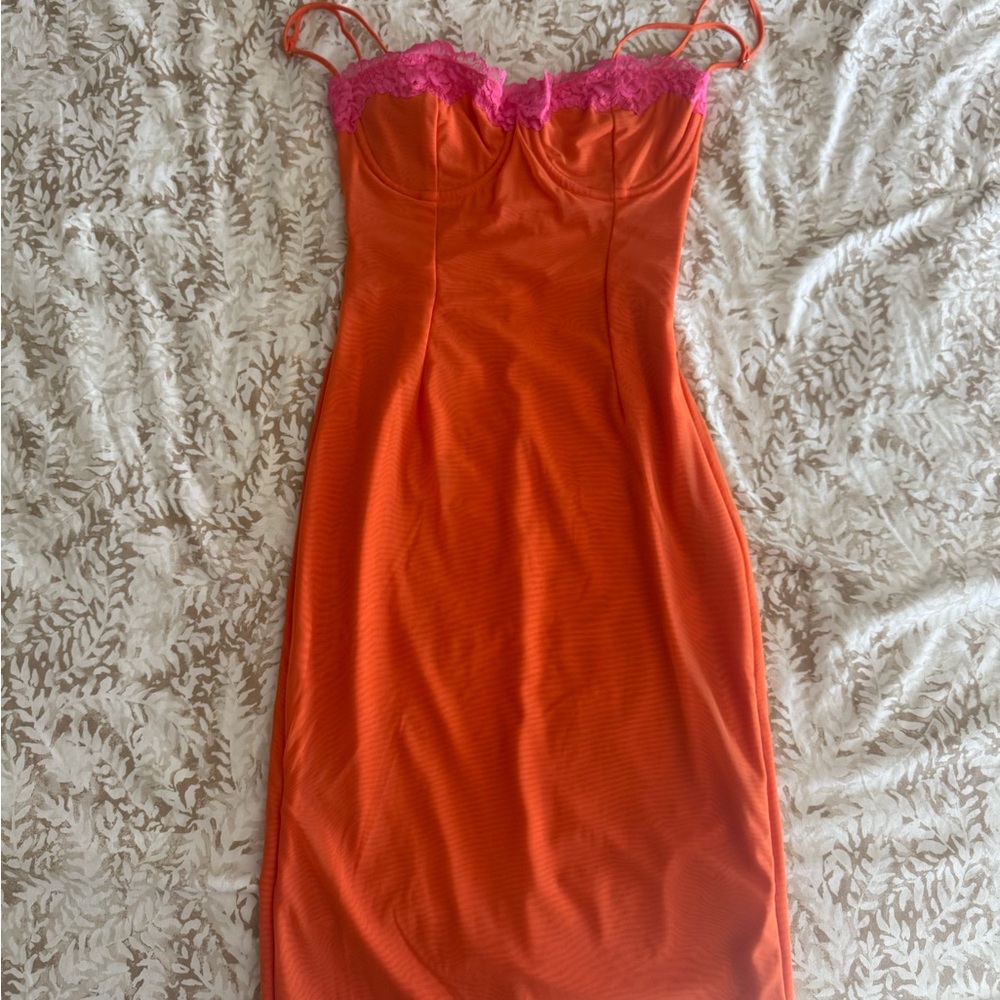 House of CB Vibrant Orange Dress with Pink Lace